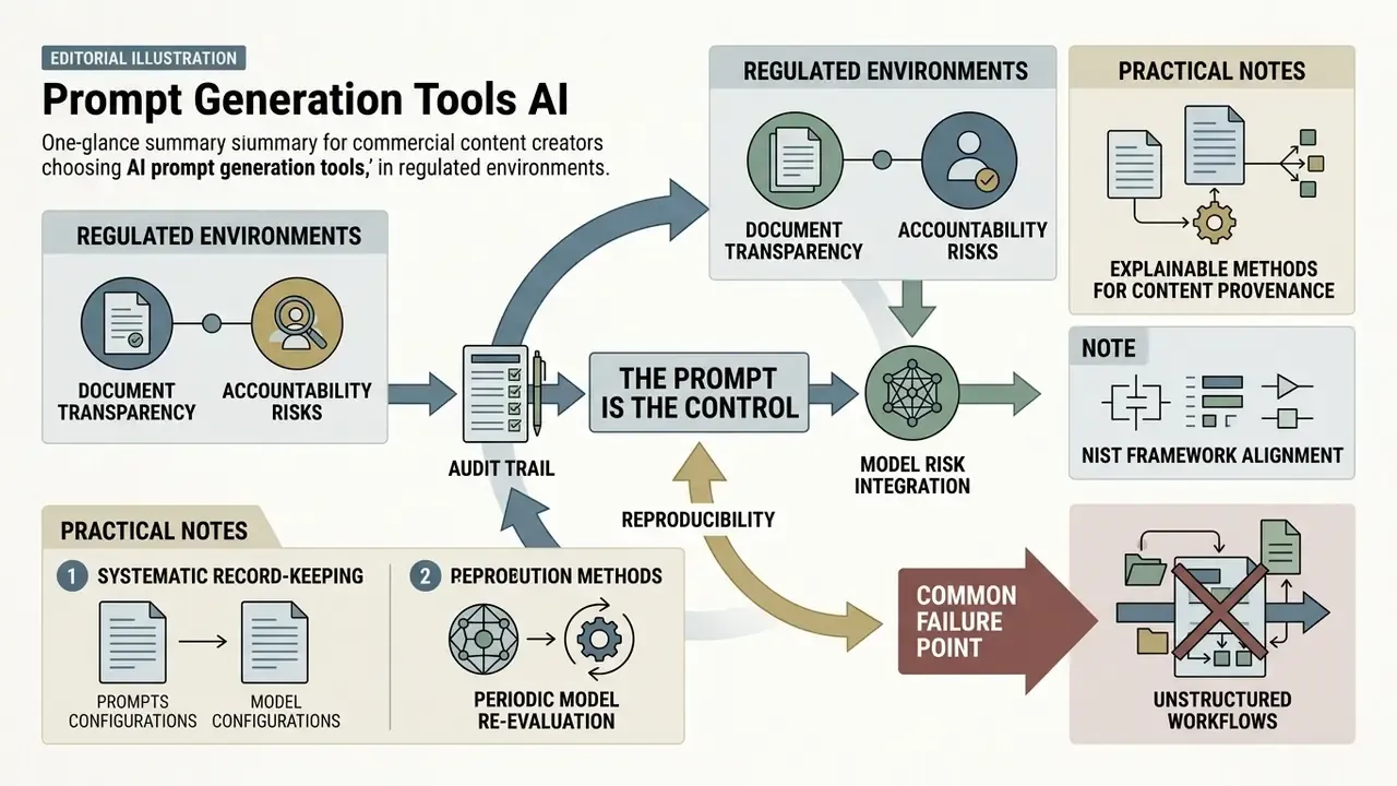 Conceptual map linking audit trails and model risk integration to structured prompt control workflows
