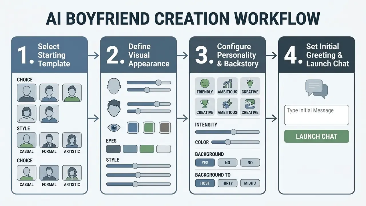 Four sequential steps showing how to customize a virtual companion persona with templates and settings