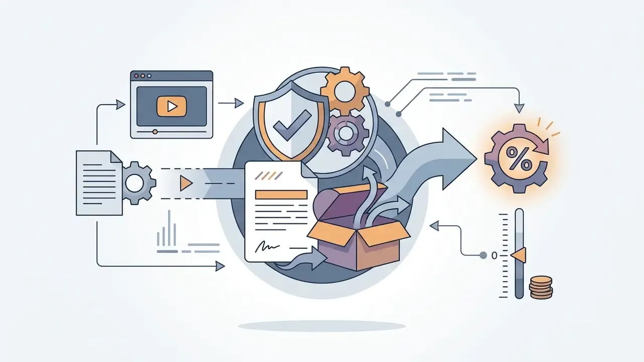Document and video inputs feeding into a gear system that outputs to a percentage discount icon