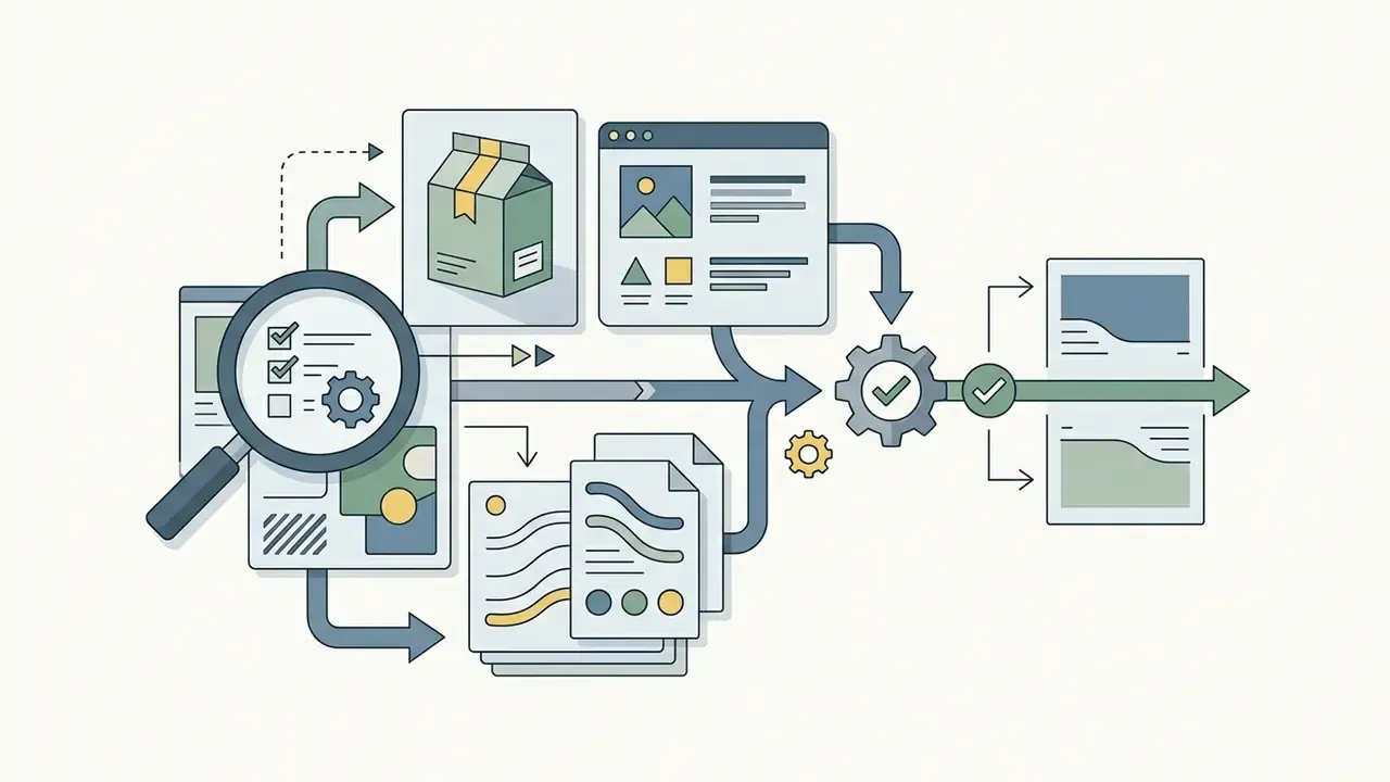 Magnifying glass inspecting product and document icons flowing into a gear system for verification