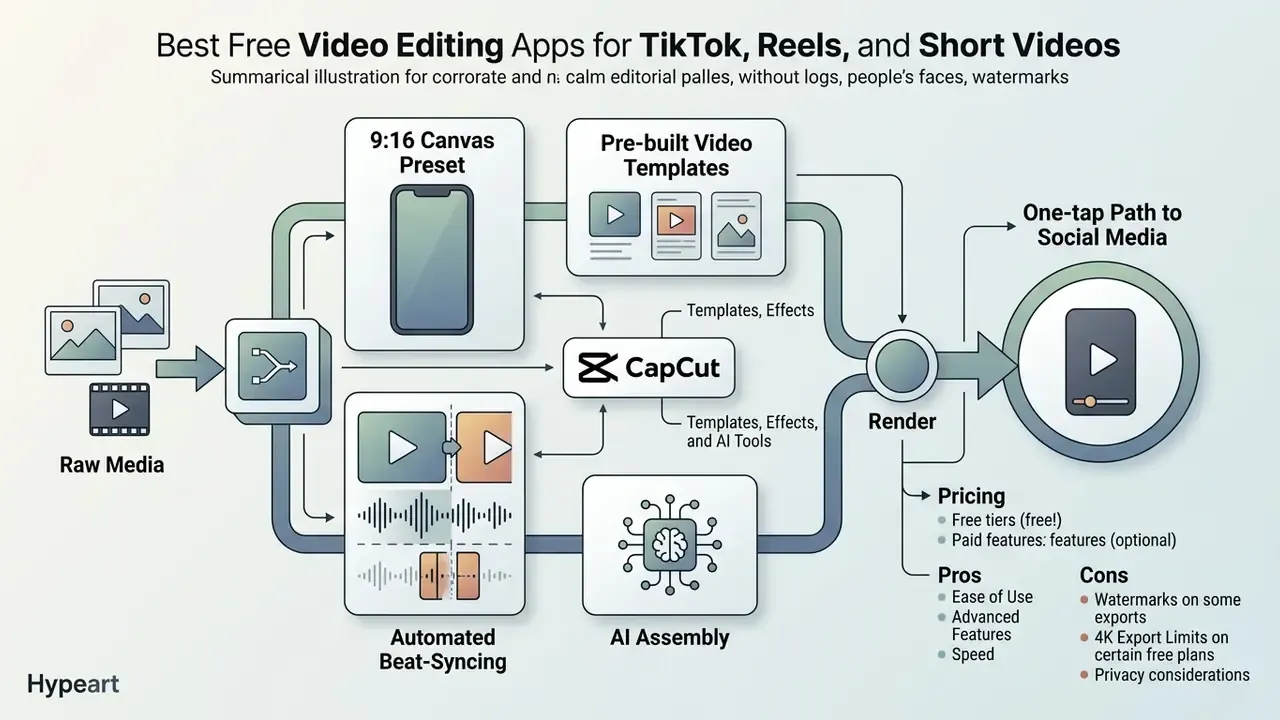 Diagram showing the workflow of a free video editing app mobile from raw media to social media export