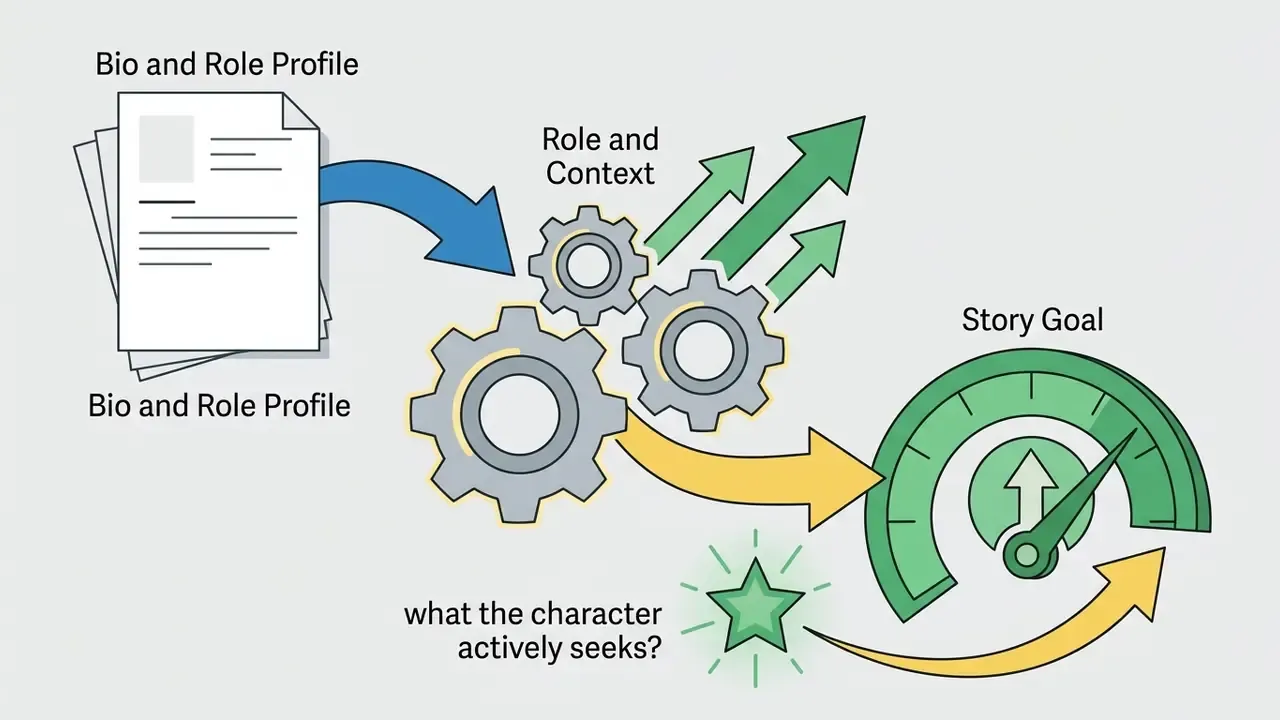 Document feeding into gears that power a gauge representing a character story goal