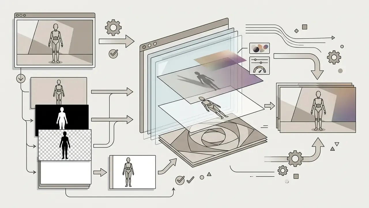 Workflow showing a character render being separated into layers and rebuilt with custom elements