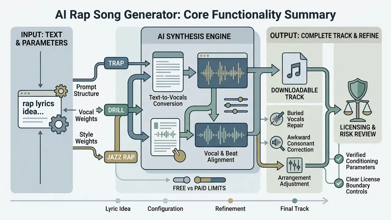 Flowchart showing how an AI rap song generator processes lyric input into a finished musical track