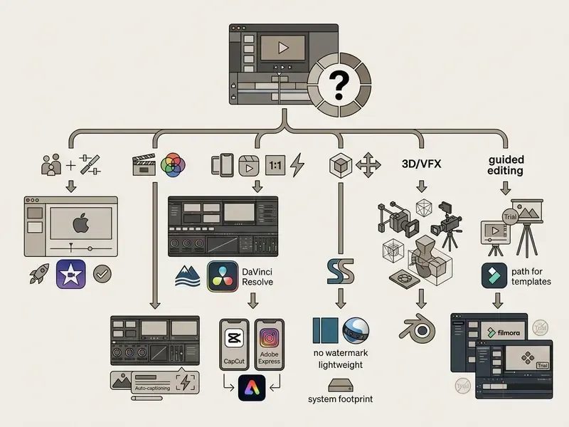 Decision tree diagram illustrating how to select a free video editor for Mac based on specific needs