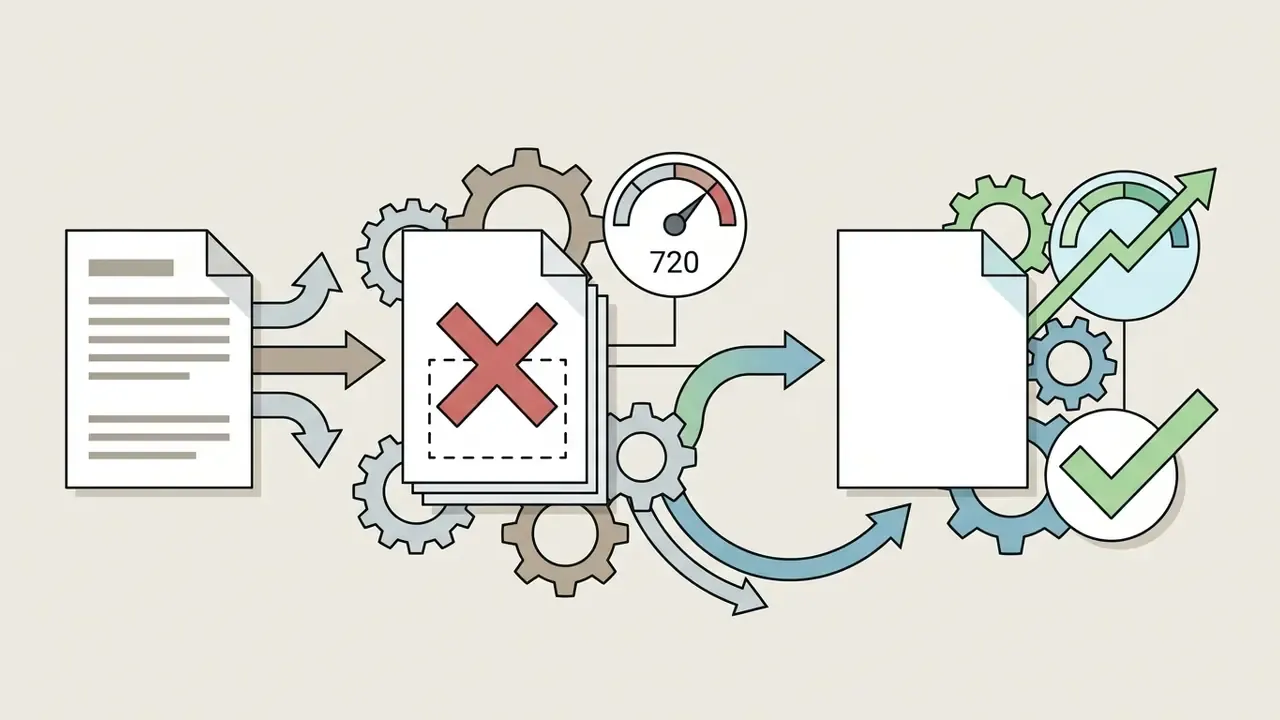 Document icons moving through gears from a watermarked state to a clean export with checkmark symbols