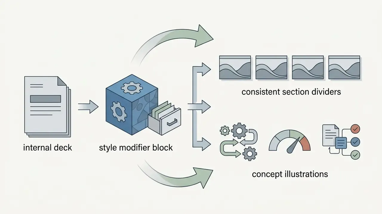 Internal deck documents feeding into a style modifier block to generate section dividers and illustrations