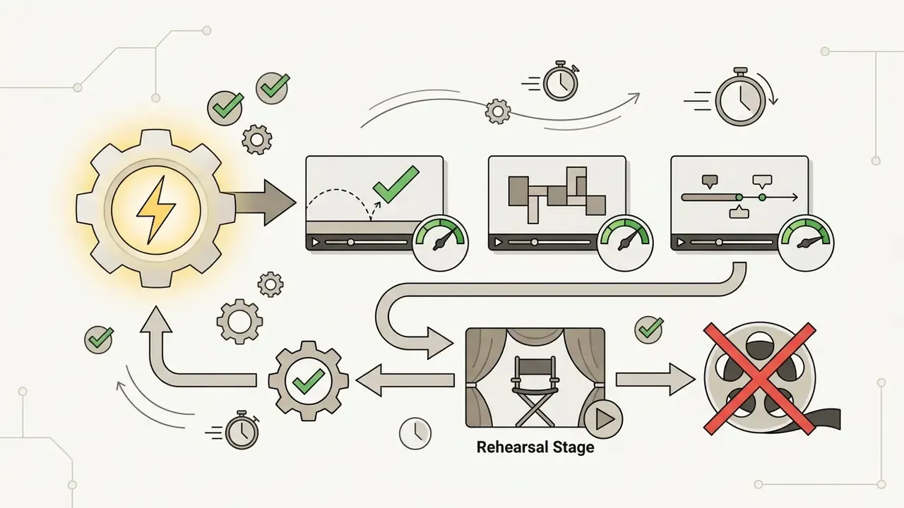Diagram showing a fast AI video generation workflow for checking blocking and pacing during rehearsals