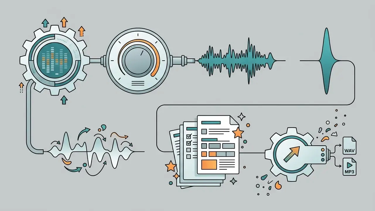 Visual representation of audio processing stages from sound synthesis to final file export and formatting