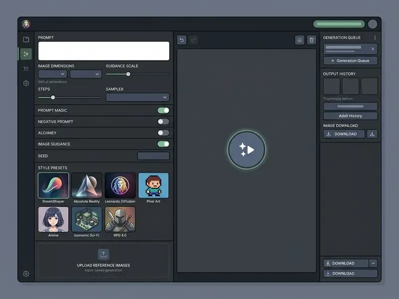 Leonardo AI interface showing prompt input, parameter sliders, and selectable style presets for image generation