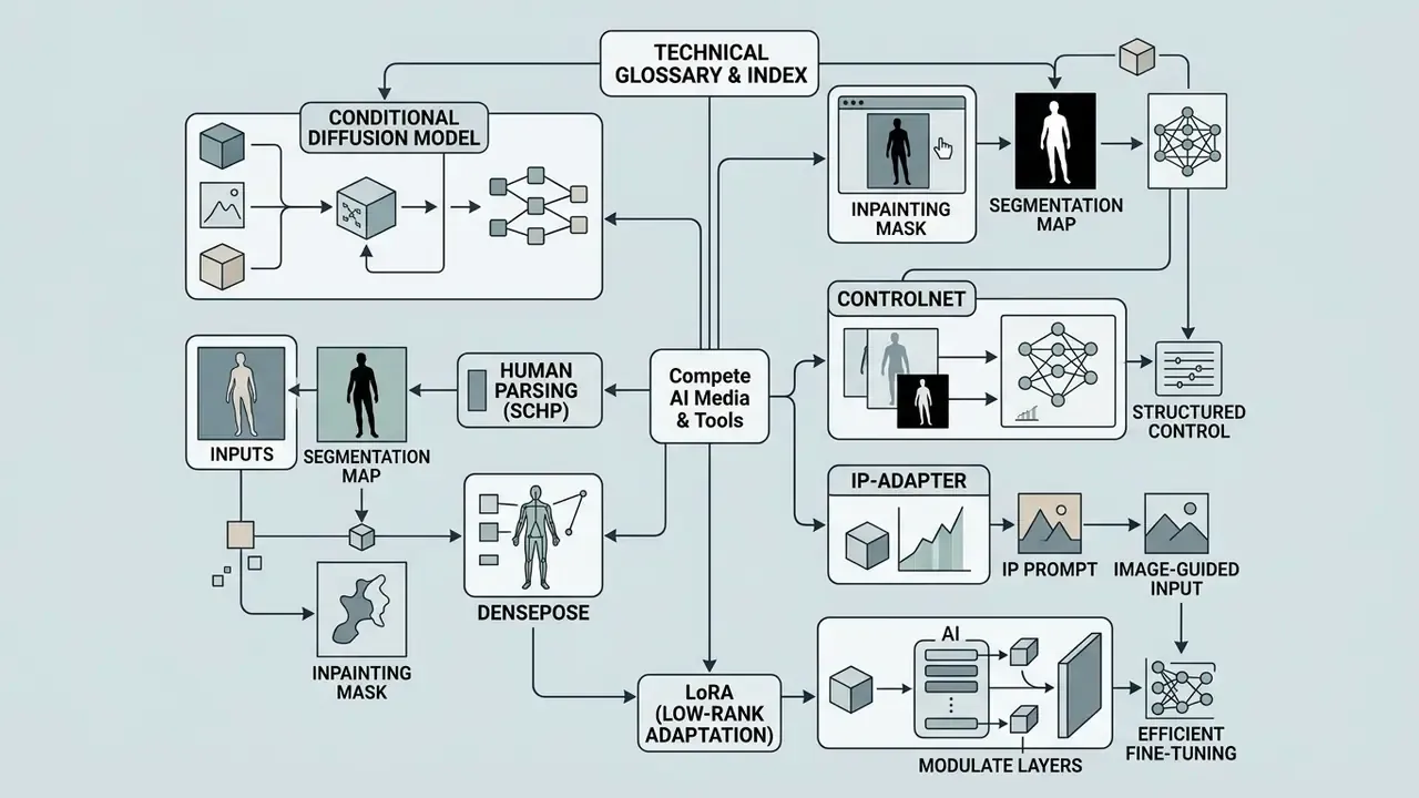 Technical diagram mapping AI media tools like ControlNet and LoRA for a change clothes photo editor online