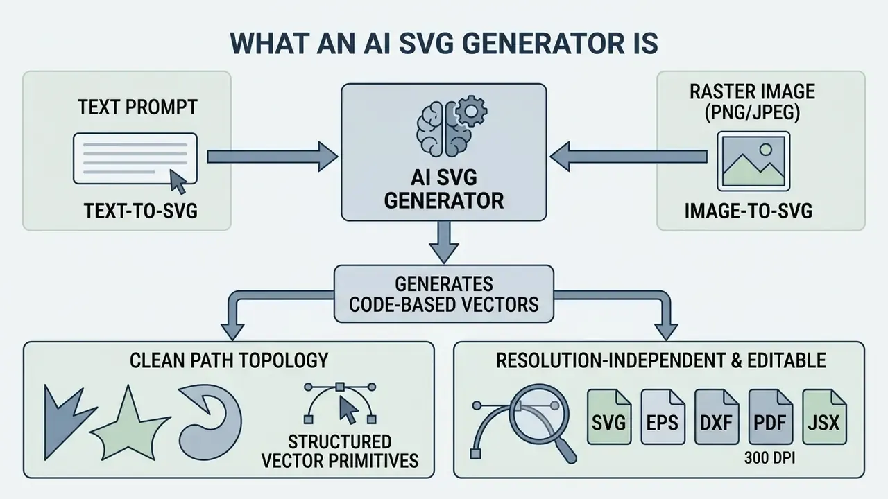 Flowchart showing how an AI SVG generator converts text prompts or raster images into editable vector files