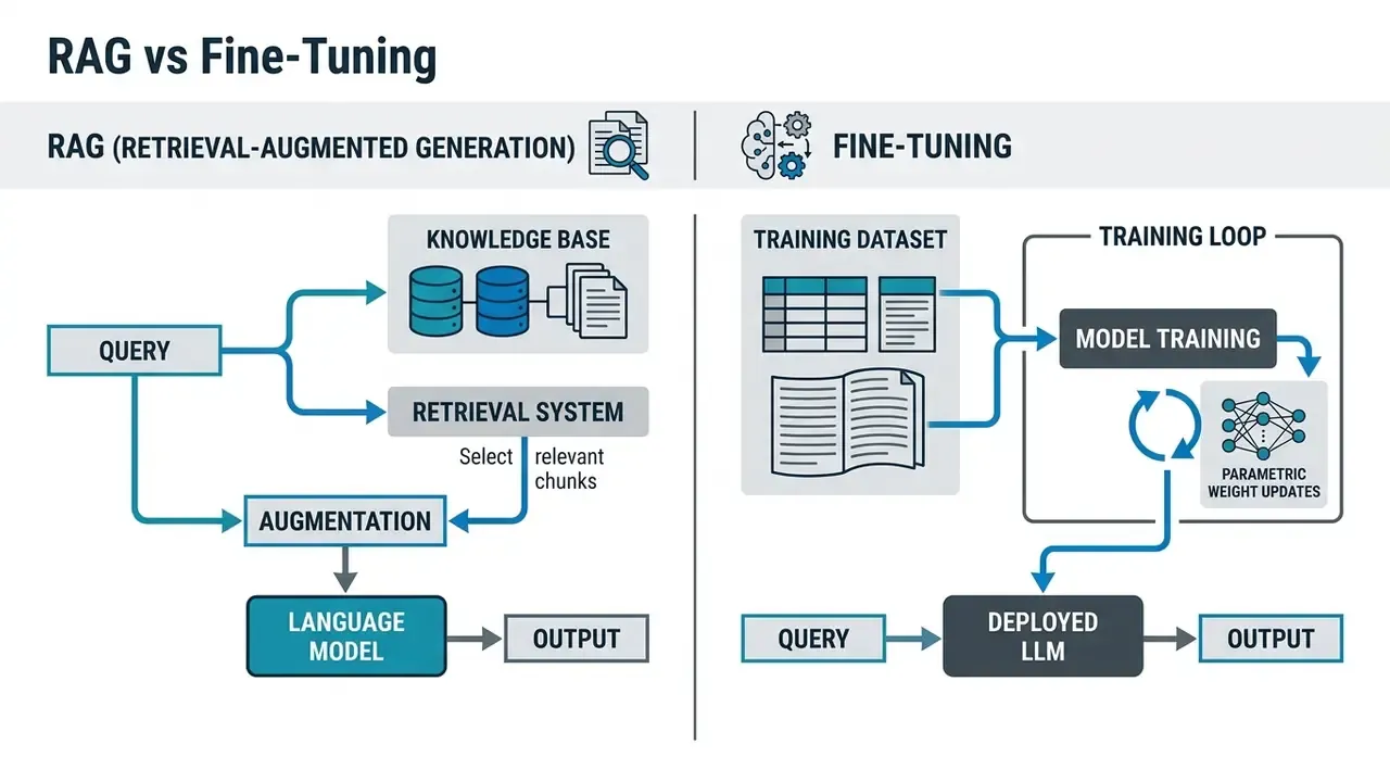 Side-by-side comparison of RAG data retrieval versus fine-tuning parametric model weight updates