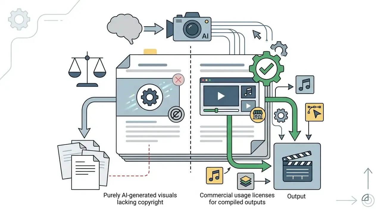 Open book showing legal icons and AI tools connecting to music and video production assets