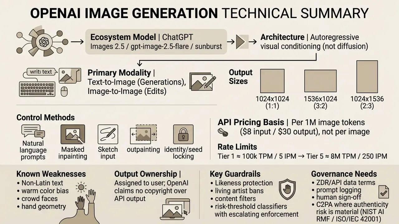 Summary of OpenAI image generation technical specs including model architecture, modalities, and pricing