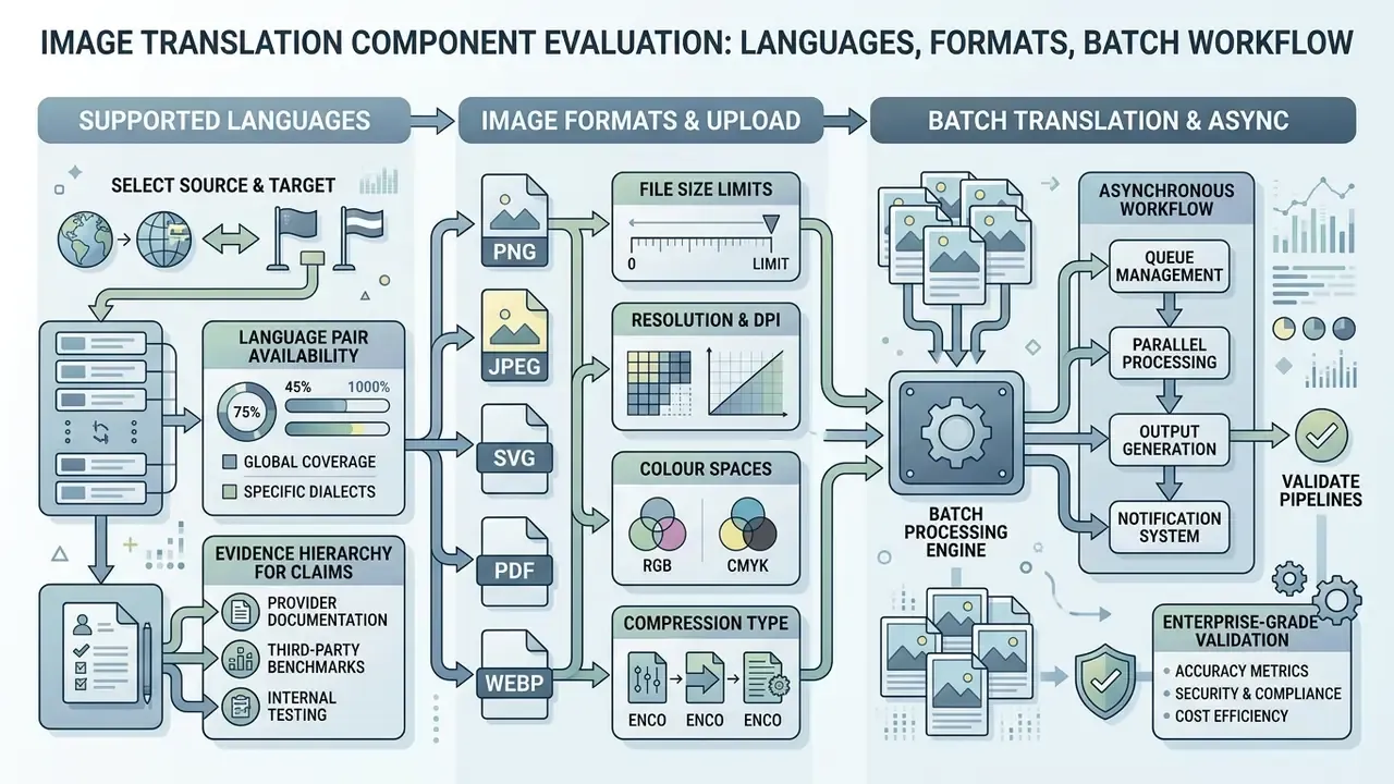 Flowchart detailing evaluation criteria for language pairs, file formats, and batch processing workflows