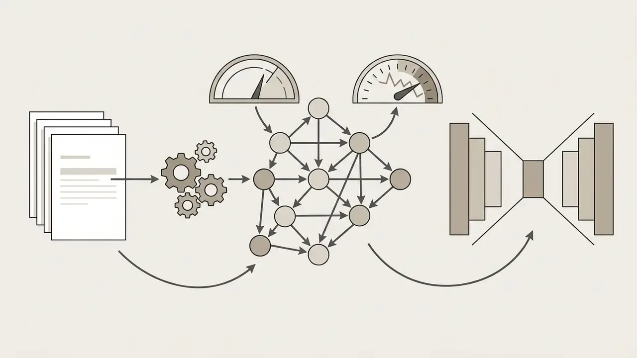 Documents and gears feeding into a network of nodes connected to gauges and a funnel-shaped structure