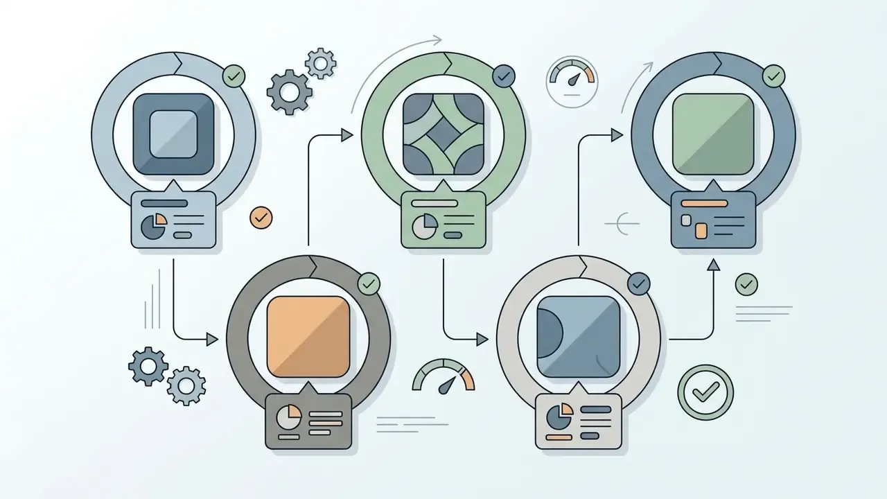 Series of connected circular nodes with icons and data charts representing a multi-stage development process