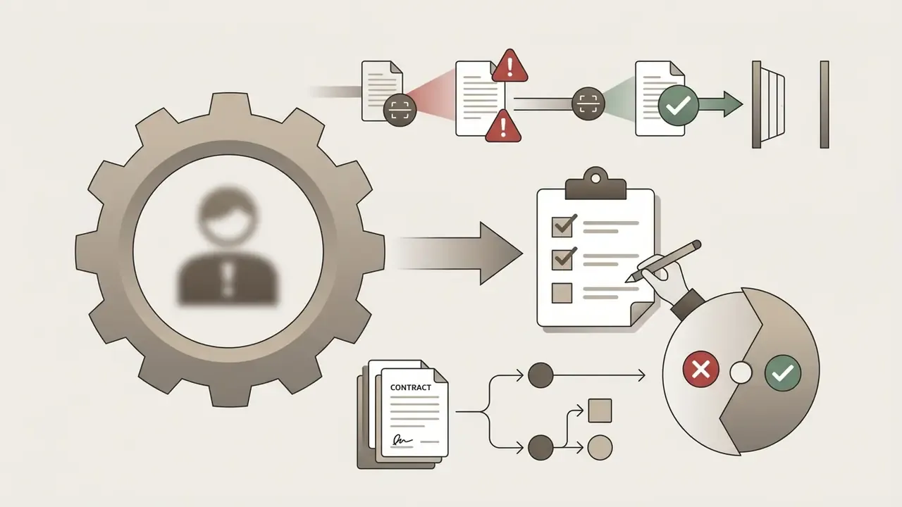 Gear icon with a person pointing to a document checklist and a contract being sorted into binary outcomes