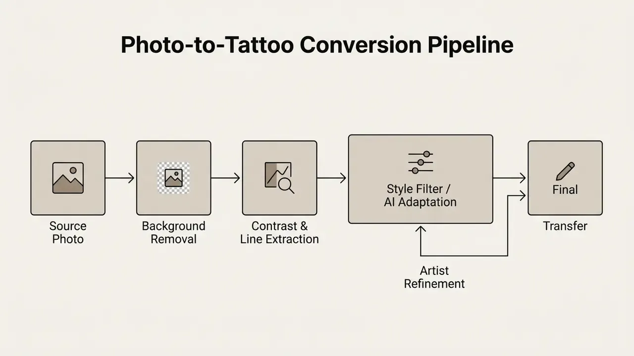 Sequential process flow showing the transformation of a source photo into a final tattoo design