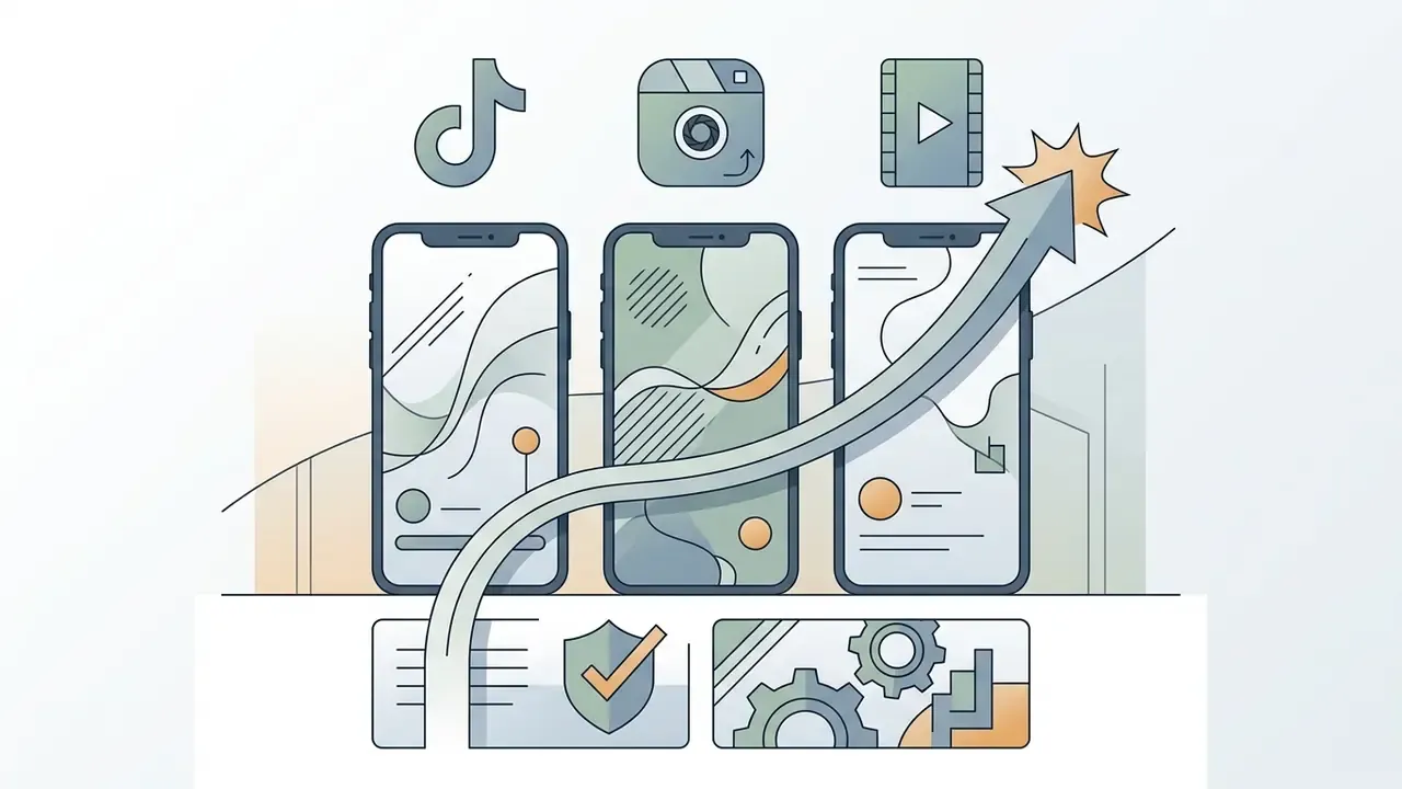 Three smartphones displaying mobile video layouts beneath social media icons with an upward trending arrow