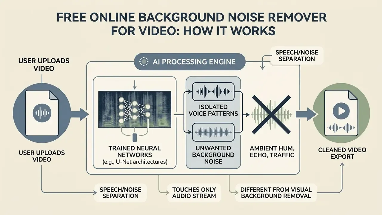 Diagram showing how AI neural networks separate voice patterns from ambient noise in a video file