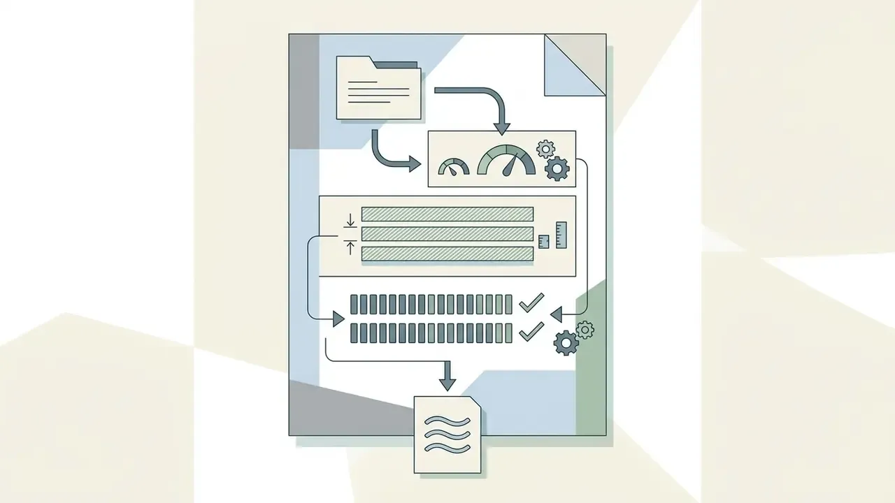 Diagram showing a file folder, speed gauges, and text alignment bars leading to a finalized document icon
