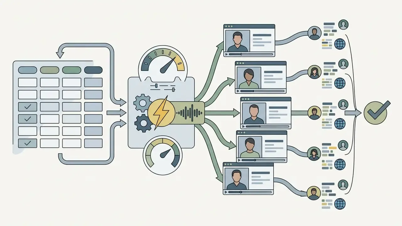 Data table feeding into a processing engine that generates personalized avatar videos for individual recipients