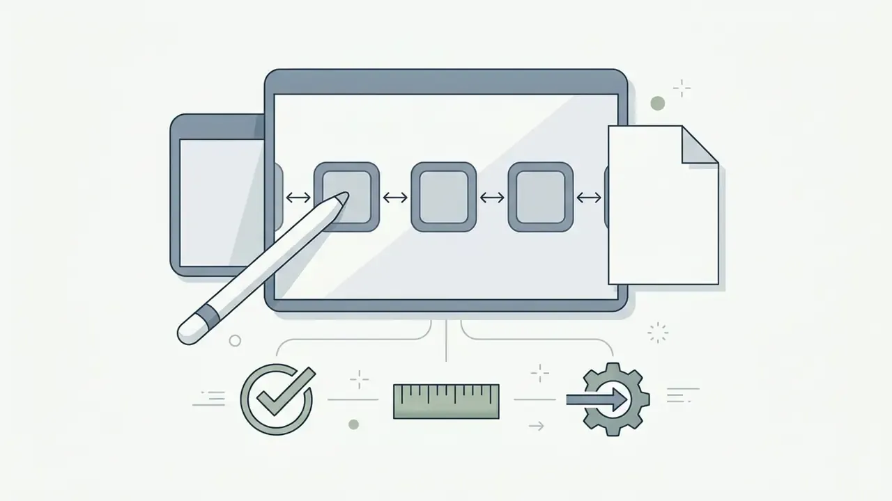 Stylized tablet screen showing interactive buttons with spacing measurements and tools for mobile design