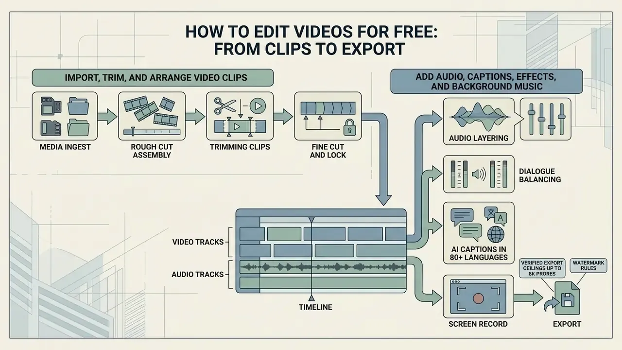 Flowchart showing the video editing process from media ingestion and trimming to audio and final export