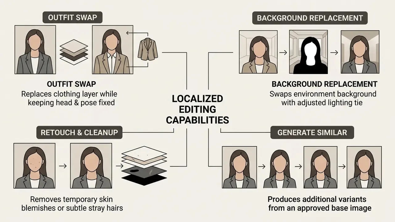 Visual guide showing methods for outfit swapping, background replacement, retouching, and generating variants