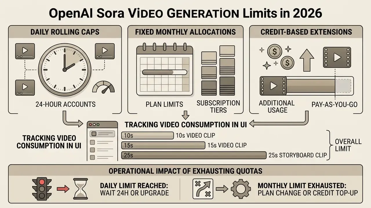 Summary of Sora usage quotas including daily caps, monthly allocations, and credit-based extensions
