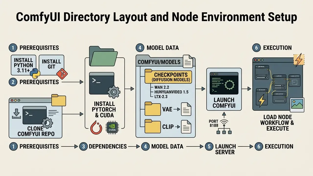 Six step process diagram showing software installation, repository cloning, and node workflow execution
