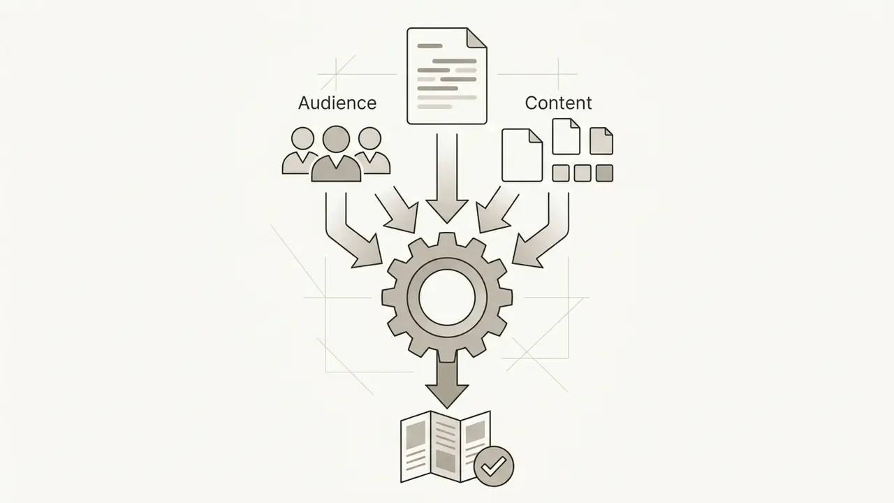 Icons for audience, documents, and content feeding into a central gear to produce a finished brochure