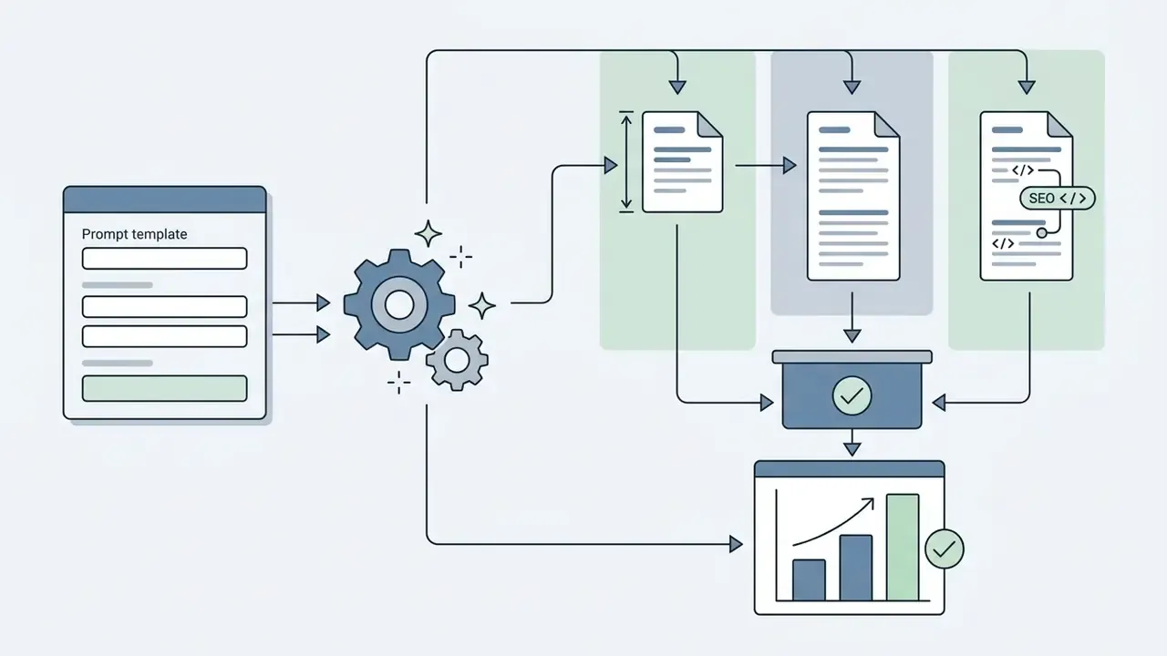 Prompt templates feeding into a gear processor to generate structured content and performance analytics