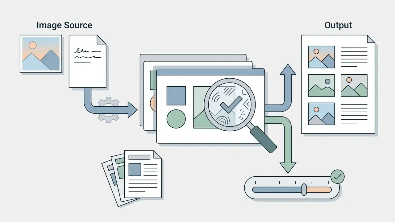Process diagram showing images and documents being curated and verified for final publication output