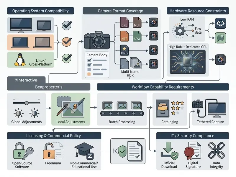 Decision matrix diagram outlining software requirements for a free raw photo editor workflow