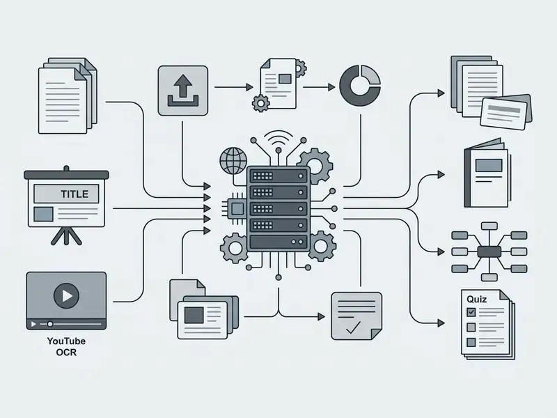 Flowchart showing documents and media being processed by a central server into study materials