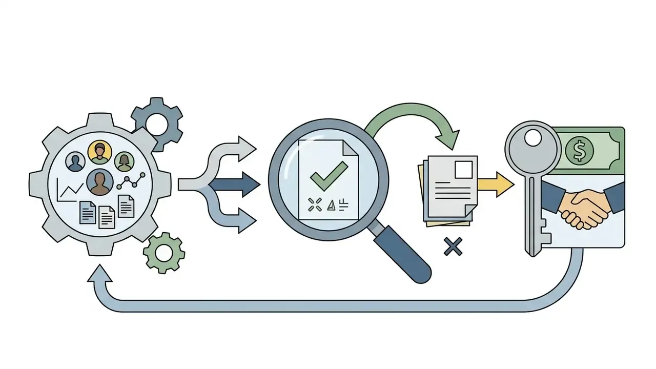 Gear system processing user data into a magnifying glass review leading to a contract and key for licensing