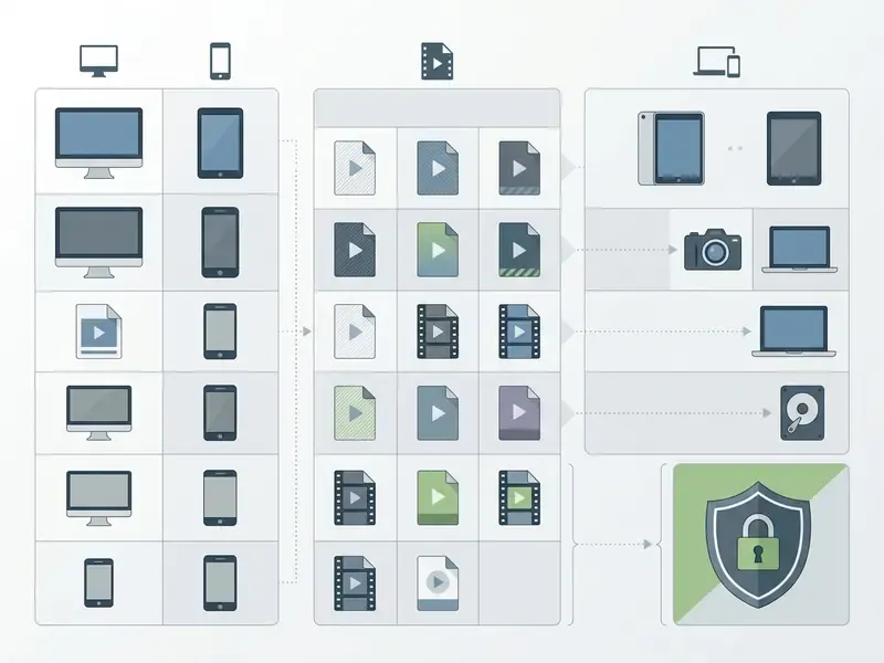 Matrix showing compatibility between various device types, video file formats, and storage options