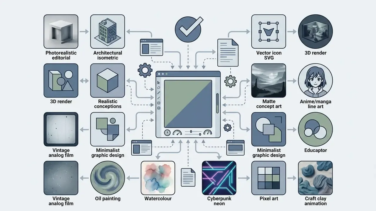 Central interface connecting to sixteen distinct artistic and visual style icons for AI image generation