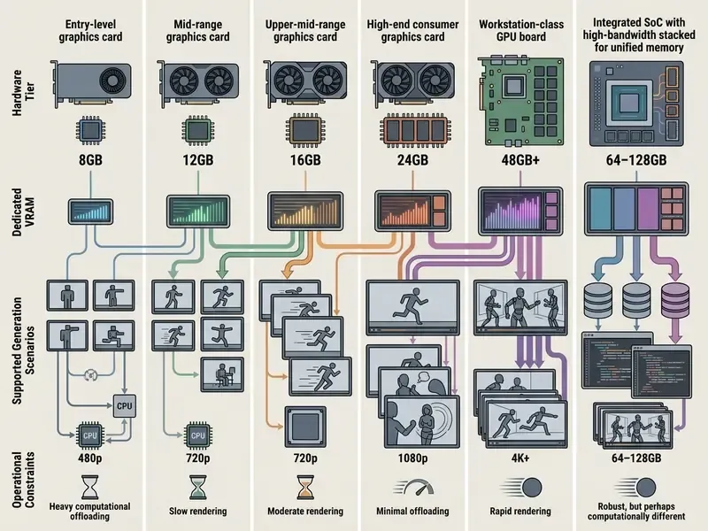 Comparison chart showing GPU hardware tiers, VRAM capacities, video generation resolutions, and constraints