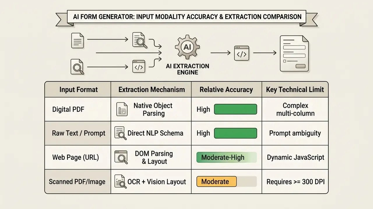 Comparison table detailing extraction mechanisms, accuracy levels, and technical limits for various inputs