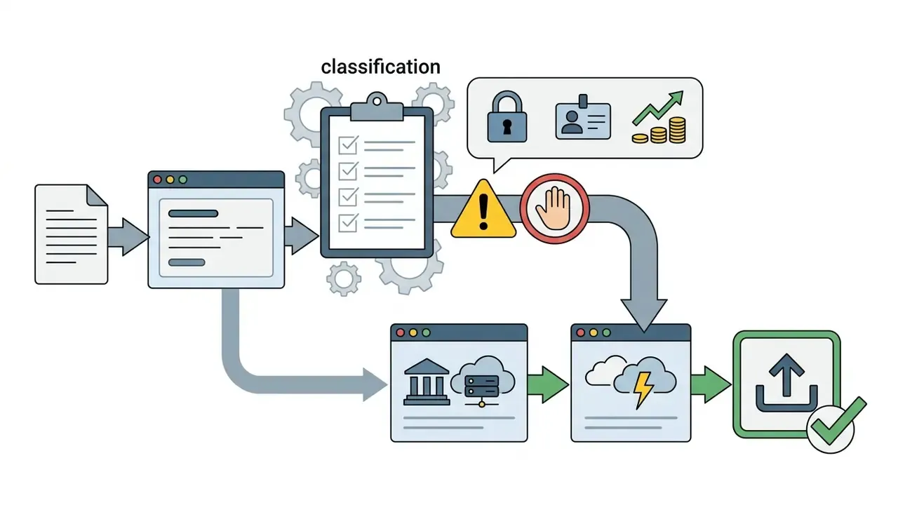 Document processing path showing a classification checkpoint with stop signs for sensitive data
