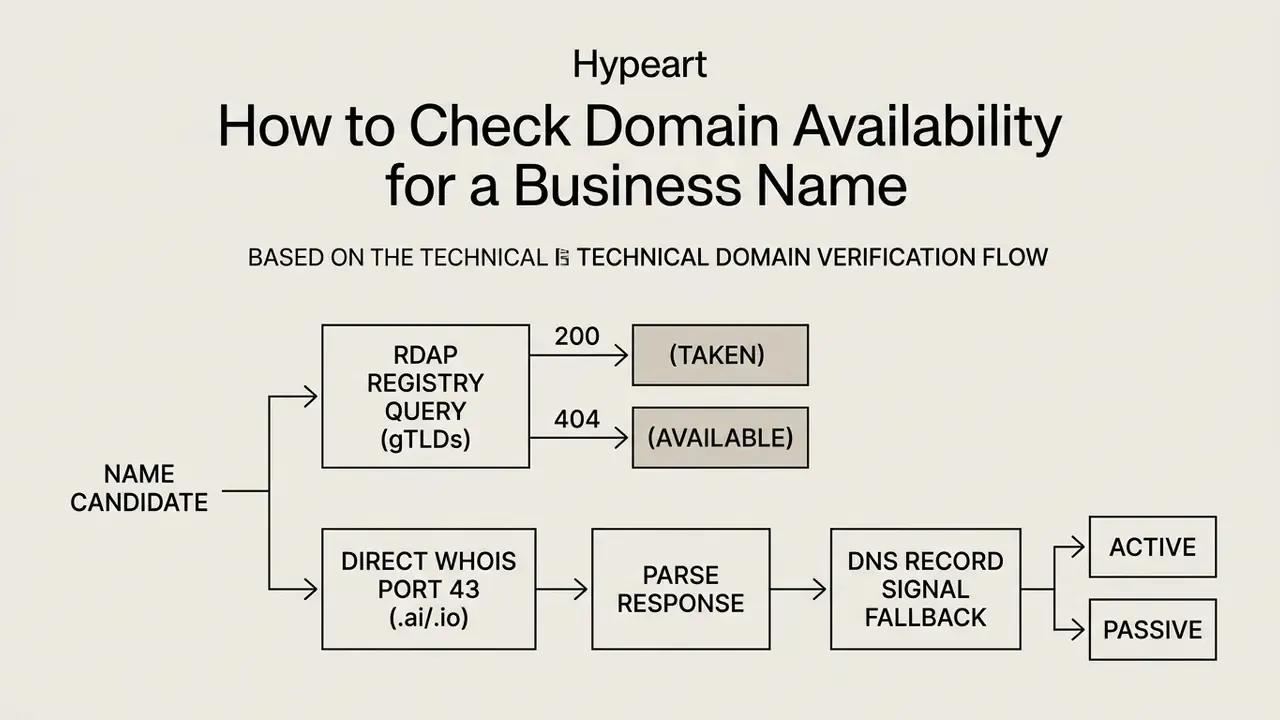 Flowchart detailing the technical process for verifying domain availability for a business name candidate