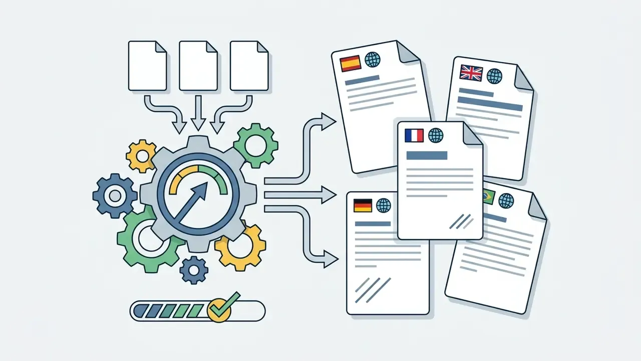Gear mechanism processing document inputs into multiple translated content outputs