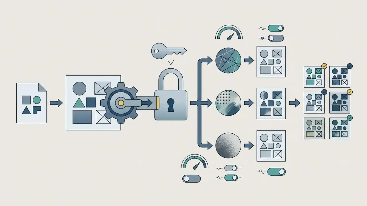 Document icon feeding into a gear and locked padlock that branches into style variations and final outputs