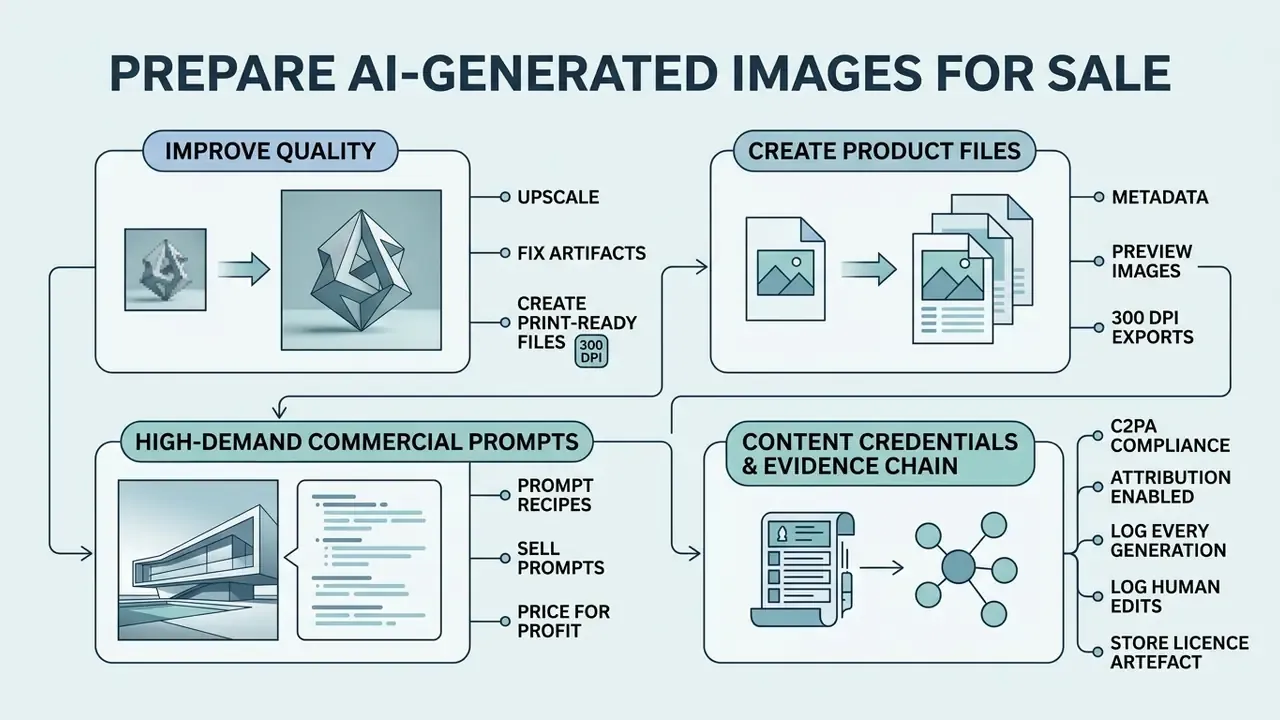 Diagram detailing steps to improve quality, create files, refine prompts, and manage content credentials