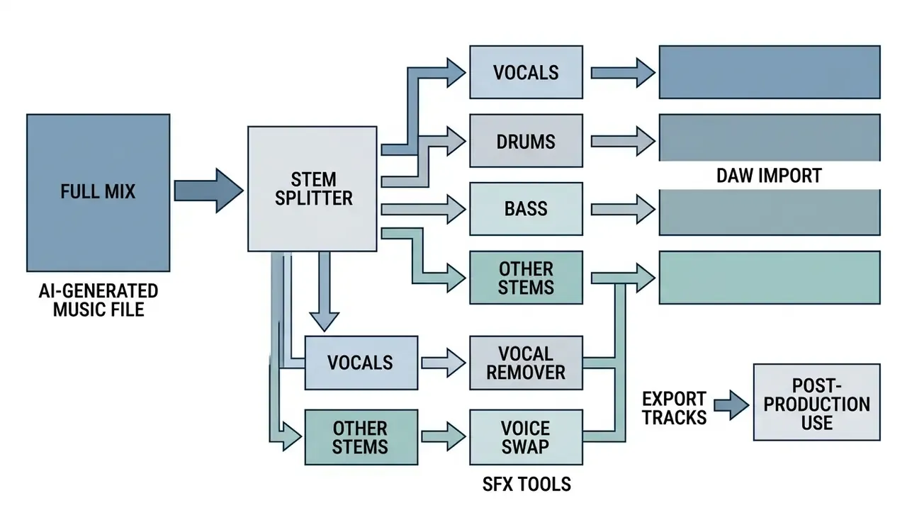 Diagram showing a full mix being separated into individual stems for DAW import or post-production tools