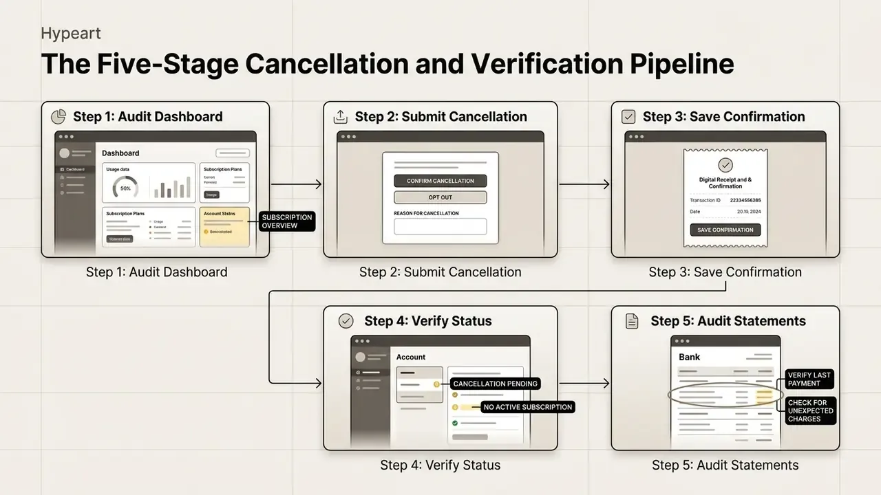 Flowchart displaying five sequential steps for managing AI subscription cancellations and verifying status